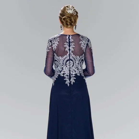 NEW LONG CHIFFON TRUMPET EMBROIDERED DRESS WITH 3\4 SLEEVES & ZIPPER BACK GL1368